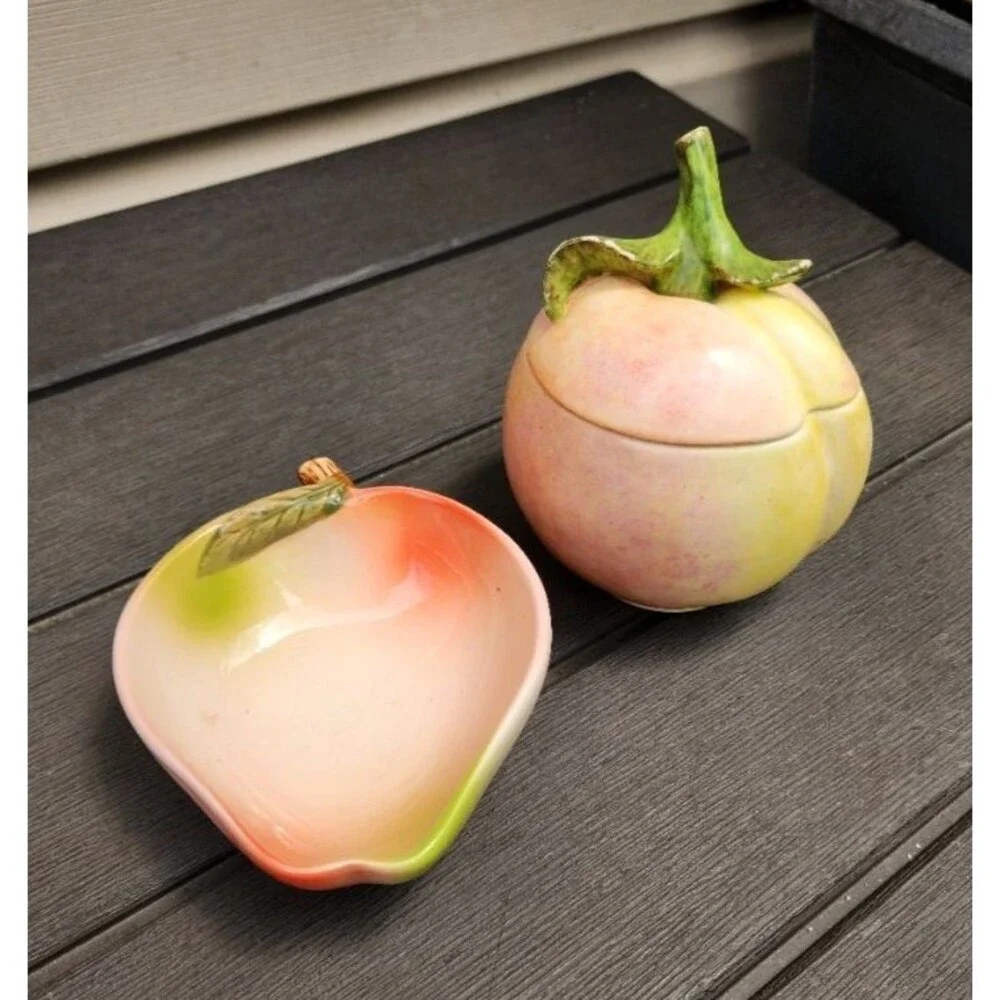 Vintage Mid-Century Hand-Painted Ceramic Fruit Jam Pot and Peach Dish Set Japan